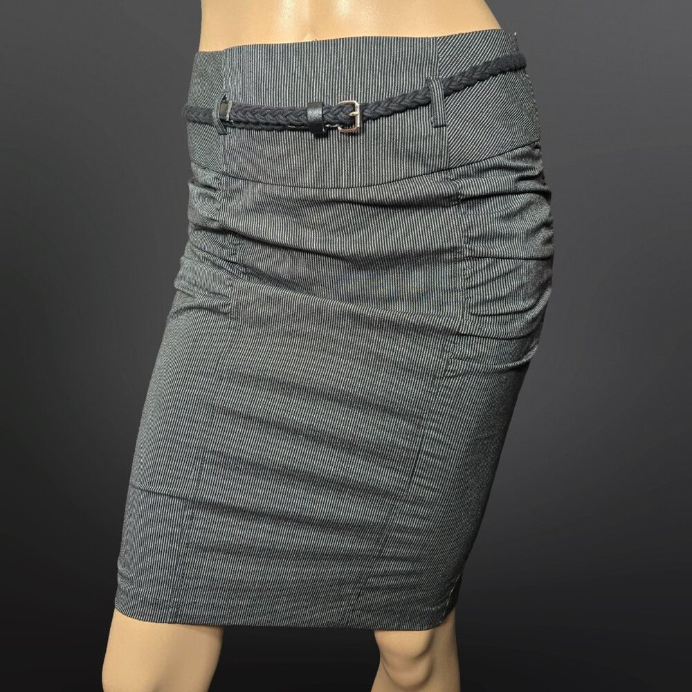 Y2K Pinstriped Pencil Wiggle Skirt Office Siren Size S Gray Black Belted